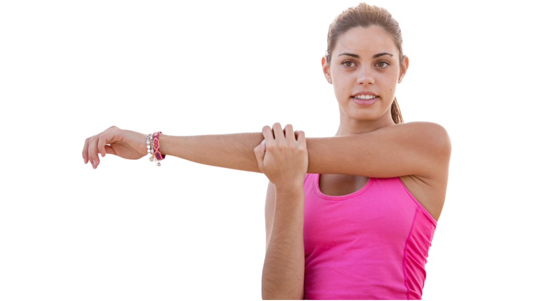 fitgirl in pink shirt stretching